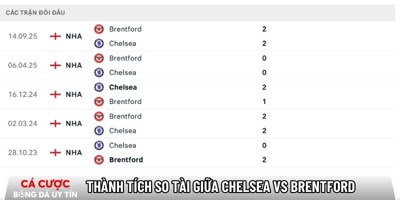 Thành tích so tài giữa Chelsea vs Brentford