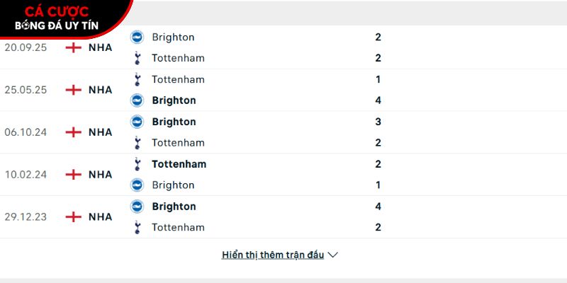 Thành tích so tài Tottenham vs Brighton
